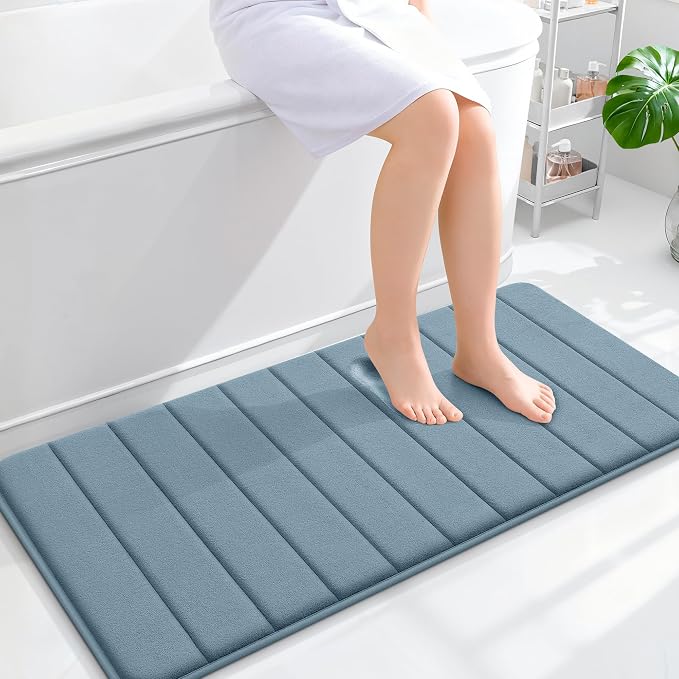 OLANLY Memory Foam Long Bathroom Rugs Runner 44x20, Super Soft Absorbent Bath Mat, Quick Dry, Machine Washable Shower Floor Rugs, Bathmat Carpet, Bathroom Home Decor Accessories, Airy Blue
