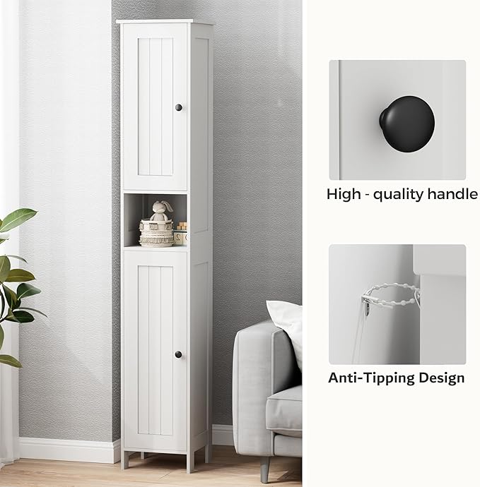 Homleke Tall Bathroom Storage Cabinet with 2 Doors, 67"H Narrow Storage Cabinet with Adjustable Shelves& Anti-Tip Design, Reversible Door Installation, Easy Assembly, 11.8 x 15.7 x 66.9 Inches, White