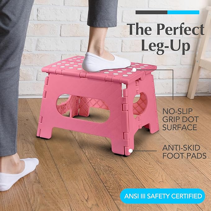 Handy Laundry Folding Lightweight Step Stool - Sturdy Enough to Support Adults - Opens Easy with One Flip - Great for Kitchen, Bathroom or Bedroom (Pink - 9 Inch)