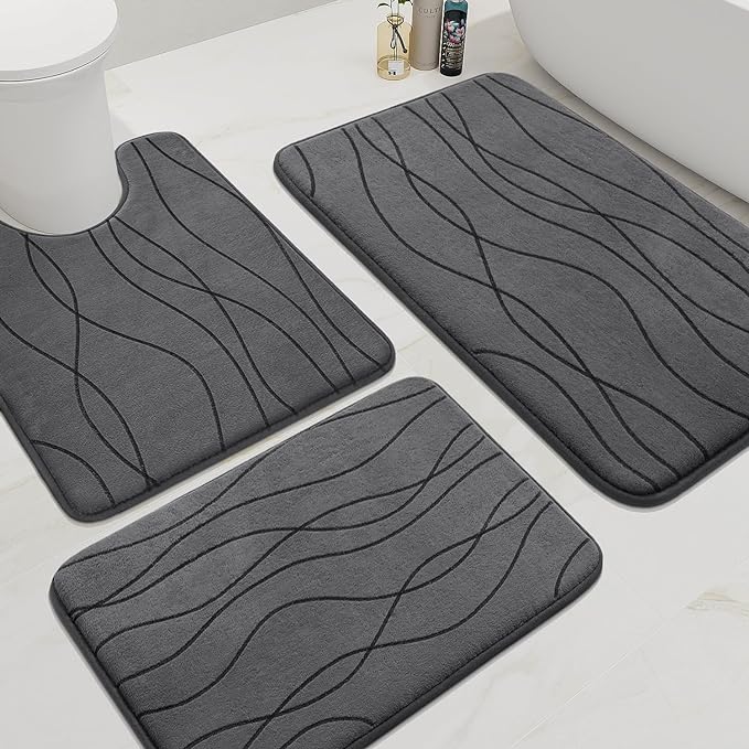 YIHOUSE Memory Foam Bathroom Rug Set, 3 Pieces - Dark Grey (Ultra Soft, Absorbent, Non-Slip, Machine Washable) | Ultra Soft, Absorbent, Non-Slip, Machine Washable