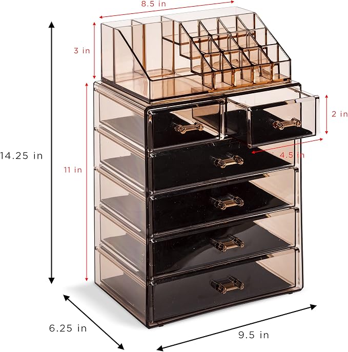 Sorbus Acrylic Makeup Organizer Set, 6-Drawer Vanity & Countertop Cosmetic Storage with Small & Wide Compartments, Bronze Glow Makeup Storage for Brushes, Jewelry – Holiday Gift for Women & Teens