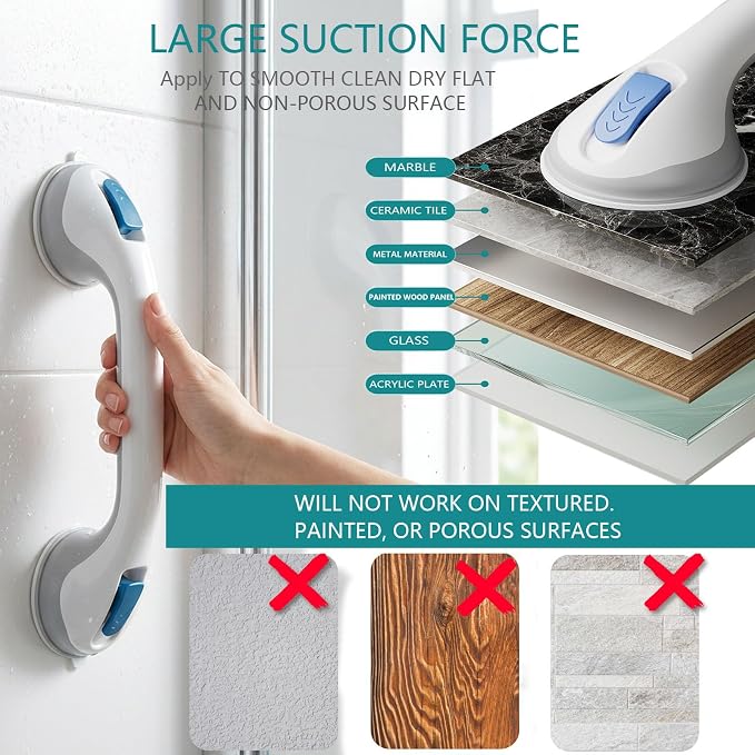 Grab Bars for Bathtubs and Showers, Suction Cup Shower Handle, Removable No Drill Bathroom Safety Assist Grip, Tool Free Install for Seniors and Adults, Shower, Tub, Toilet, RV, 2 Pack