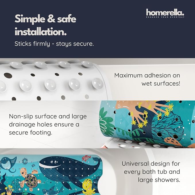 Bath Tub Mat Non Slip Anti Mold for Kids BPA Free INCL Hooks - homerella® Ocean Sea Animals 40x16, Baby Bath Mat Non Slip 200 Suction Cups, Non Toxic Machine Washable Toddler Bath Mat, EU Certified