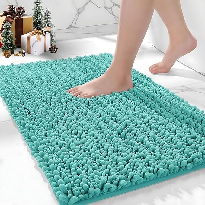 Bathroom Rugs Non Slip Washable 32x20, Extra Thick Soft Chenille Absorbent Bath Mat, High Density Barrier Non Slip Backing, Quick Dry Plush Shaggy Floor Carpet for Tub&Shower, TealBlue