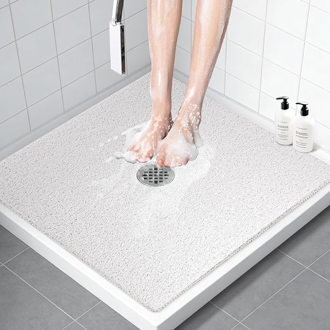 Square Shower Mat Non Slip: 36x36 Inch Extra Large Shower Floor Mat with Drain Hole in Middle, PVC Loofah Massage Anti Slip Shower Mats for Inside Shower, Super Soft and Comfortable, Quick Drying