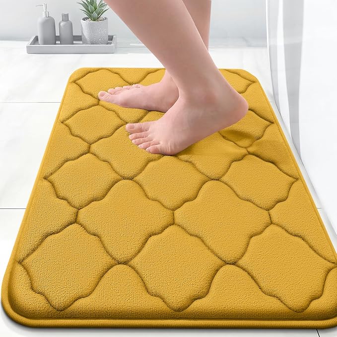 OLANLY Memory Foam Bath Mat Rug 24x16, Ultra Soft and Absorbent Bathroom Rugs, Non-Slip, Comfortable, Machine Washable Bath Carpet for Bathroom Floor, Tub, Shower and Home Decor Accessories, Yellow
