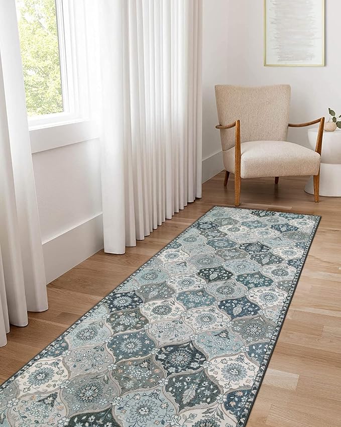 Lahome Moroccan Washable Runner Rug, 2'5''x8' Ultra-Thin Vintage Kitchen Runners for Hallways, Oriental Non-Slip Hallway Rug Carpet for Entryway Bedroom Laundry Room Foyer Elise, Blue