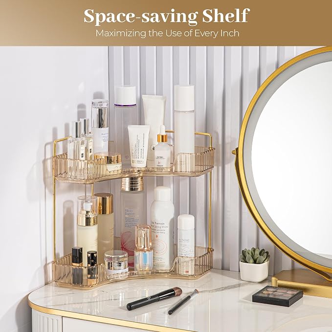 Aveniee Corner Bathroom Counter Organizer, Bathroom Countertop Shelf Makeup Organizer for Vanity Perfume Tray for Corner Storage (2 Tiers, Gold)