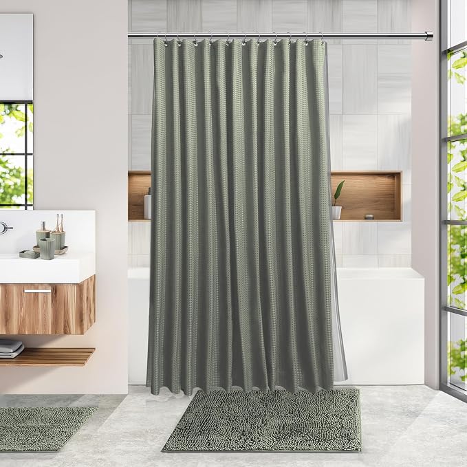 Clara Clark Bathroom Accessories Set - 27PC Bathroom Set with Adhesive Corner Shower Caddy Hanging, Bathroom Sets with Shower Curtain and Rugs, Sage Green Shower Curtain Set with Bathroom Trash Can