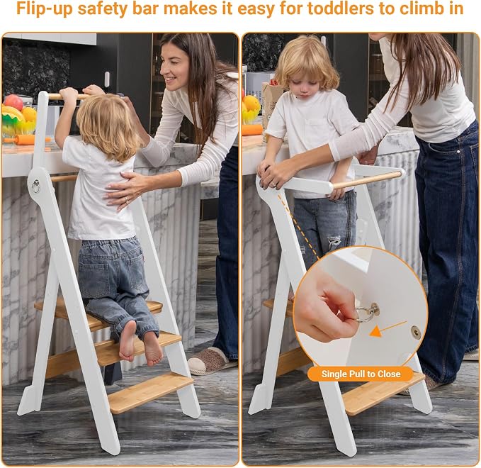 COSYLAND Foldable Toddler Standing Tower - Adjustable Height Folding Step Stool Kids Toddler Kitchen Stool for Learning and Cooking - Ages 18 Months to 6 Years with Safety Net Natural & White