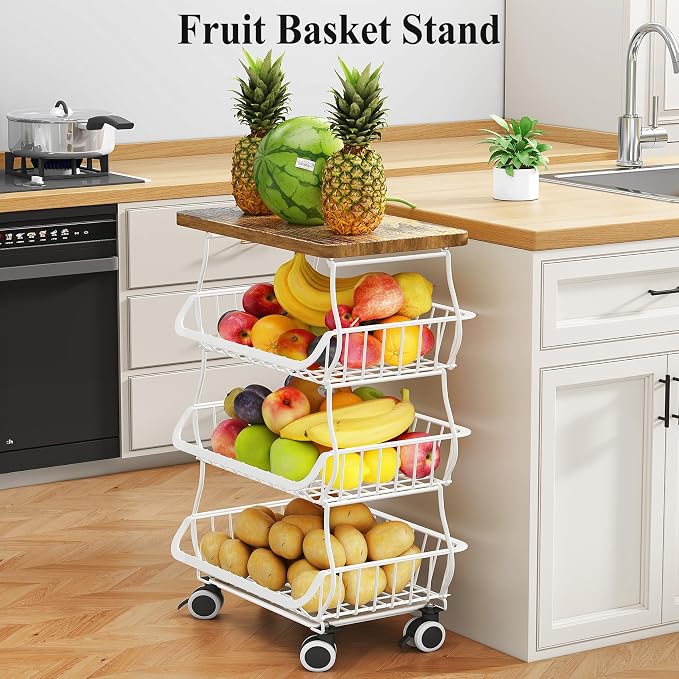 SAYZH Fruit Basket Kitchen Pantry Organizers and Storage - Wooden Top Table, Stackable Metal Wire Basket Stand Cart for Fruit Vegetable Snacks Onion Potato Organization (White, 4 Tiers)