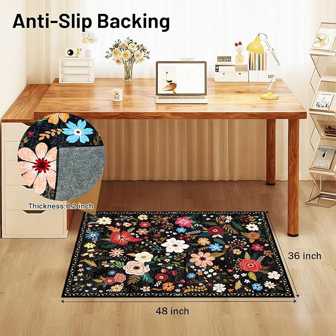 Office Chair Mat for Hardwood Floor & Tile Floor,36"x48"Heavy Duty Desk Chair Mat for Hard Floors, Under Desk Rug for Rolling Computer Chair,Anti Slip,Low Pile Carpet Floor-Black Multicolor Flower