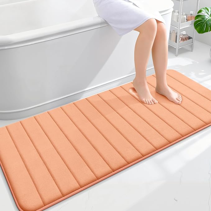 OLANLY Memory Foam Long Bathroom Rugs Runner 59x24, Super Soft Absorbent Bath Mat, Quick Dry, Machine Washable Shower Floor Rugs, Bathmat Carpet, Bathroom Home Decor Accessories, Peach