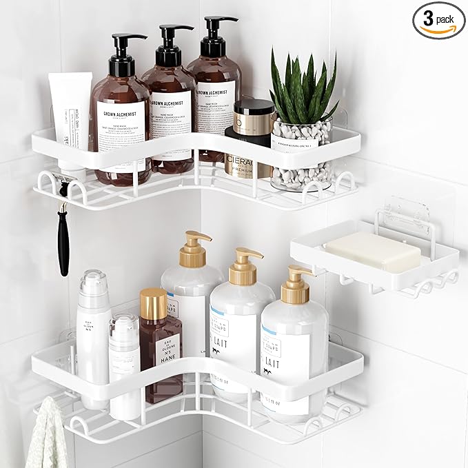Sakugi Corner Shower Caddy - 3-Pack Shower Organizer with Soap Holder & Built-In Hooks, Rustproof Metal Shower Shelves, Laundry, Kitchen, Bathroom Organizers and Storage Solution, Large, White