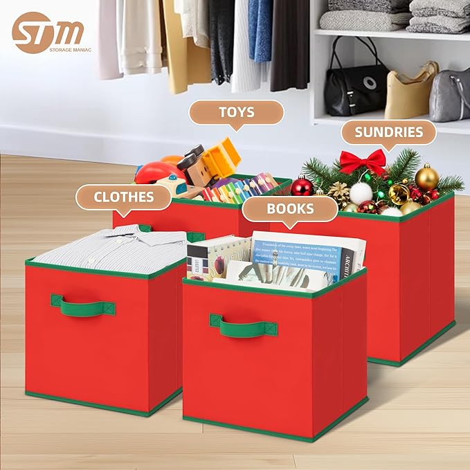 STORAGE MANIAC Storage Cubes, 11 Inch Durable 6 Pack Storage Shelf Basket for Christmas, Fabric Foldable Collapsible Bins with Handles for Organization, Closet, Shelves, Offices, Red