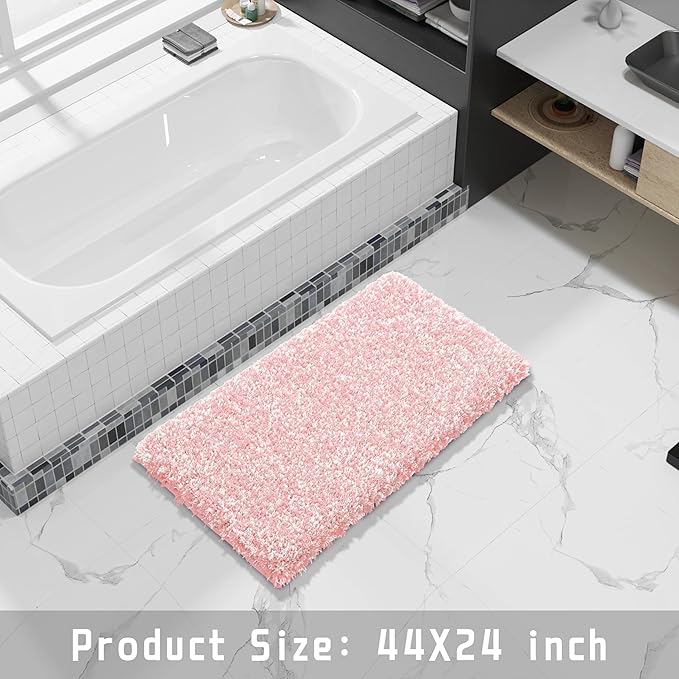 Yimobra Luxury Bathroom Rugs, Fluffy Bath Mats, Non Slip, Water Absorbent Microfiber, Machine Washable, Plush Carpet Shower Rugs, Thick Matts for Bathroom Floor&Tub, 44" X 24", Light Pink and White