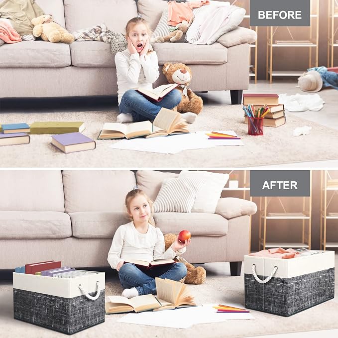 Fab totes Storage Bins 4-Pack, Foldable Storage Baskets for Organizing Toys, Books, Shelves, Closet, Large Storage Box with Rope Handles, Sturdy Organizer Bins, White & Black