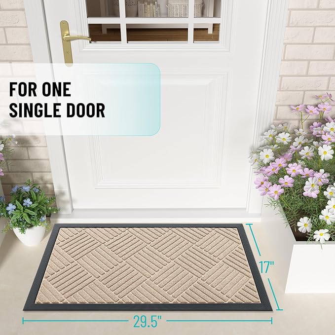 OLANLY Front Door Mat Outside Entrance 29.5x17, Absorbent, Heavy Duty Sturdy Natural Rubber Doormat Indoor Outdoor, Stain Fade Resistant, Non-Slip Low Profile Floor Mat Entryway, Latte White Diamond