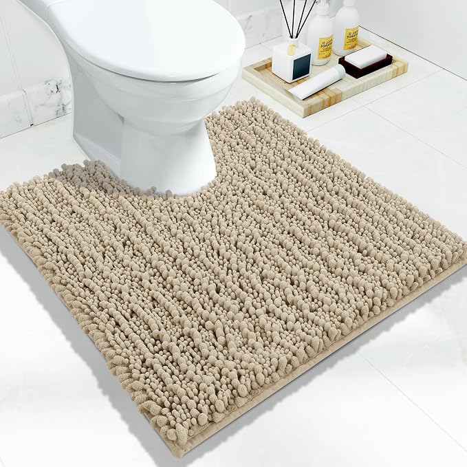 Yimobra Toilet Rug U Shaped Washable 24x24 Inch - Ultra Soft Absorbent Bath Rugs for Toilet, Quick Dry & Machine Washable, Non Slip Contour Bathroom Mat, Pale Khaki