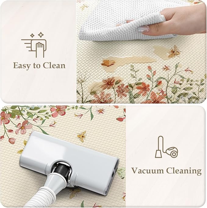 KIMODE Kitchen Mats for Floor Anti Fatigue, Flower Butterfly Kitchen Rugs Sets of 2, Cushioned Kitchen Floor Mats, Comfort Standing Mat for Sink Laundry Office Desk 20"x47"+20"x32" Beige
