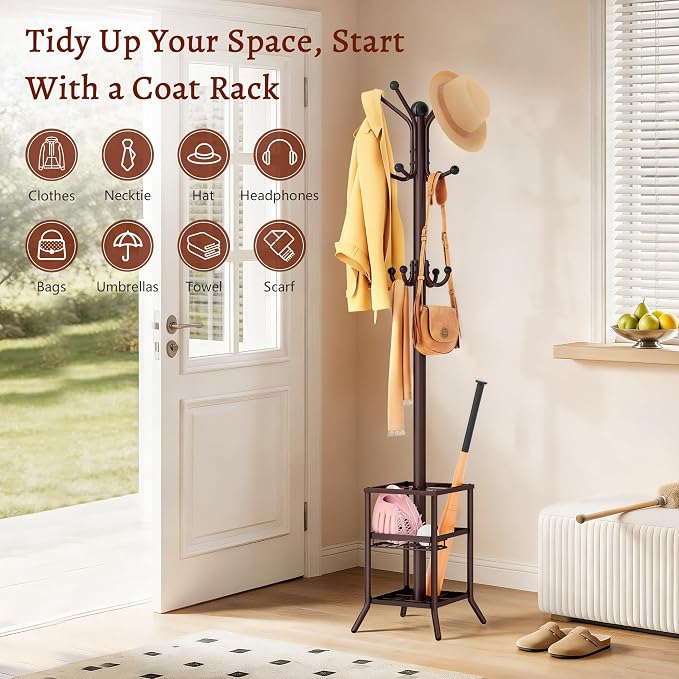 FAVOOSTY Coat Rack Freestanding,Coat Rack Stand with Umbrella Holder,Metal Coat Tree with 12 Hooks,Tree Clothes Hat for Entryway, Hallway, Bedroom, Living Room & Office -Brown