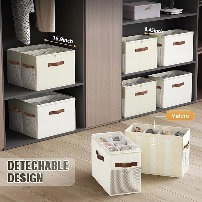 Budding Joy 2 Pack Shoe Organizer for Closet, Clear Foldable Shoe Storage Containers Adjustable Dividers Fits 16 Pairs,Shoe Storage Bins Baskets Boxes with Reinforced Handles Beige Yellow Beige