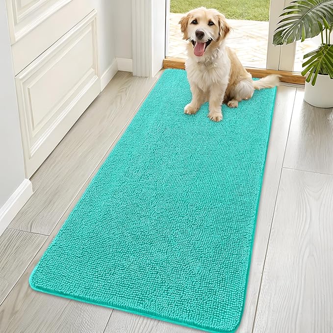OLANLY Dog Door Mat for Muddy Paws 70x35, Absorbs Moisture and Dirt, Absorbent Non-Slip Washable Doormat, Quick Dry Chenille Mud Mat for Dogs, Entry Indoor Entryway Carpet for Inside Floor, Teal