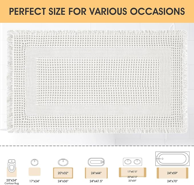 Upgrade Waffle Bath Mat, Boho Bathroom Rugs Absorbent Non Slip, Ultra Soft Bathroom Mat, Machine Washable Knit Bath Rugs with Tassels for Bathroom, Bedroom, Kitchen, Shower, Tub, 32"x20", White