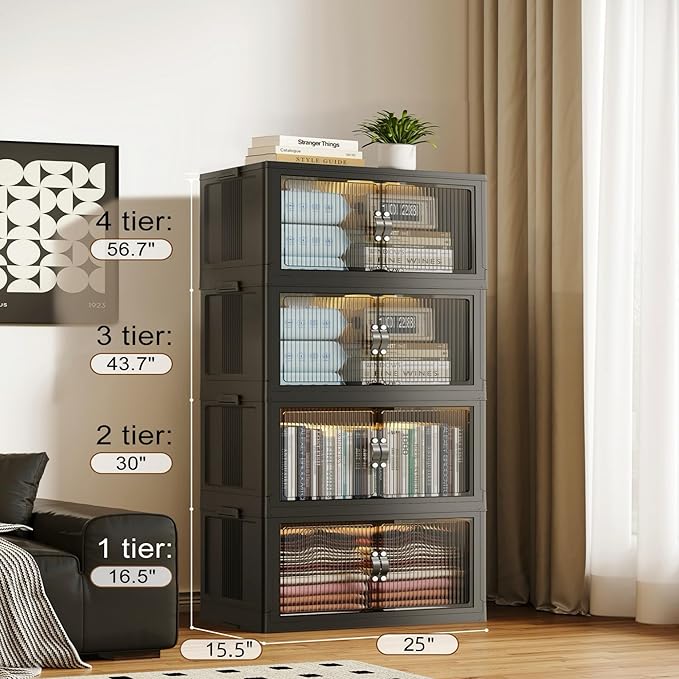SAILUN 116Gal/464Qt Stackable Storage Bins Folding Collapsible Storage Bins with a Lid, Closet Organizers and Storage,Black 26" W x 17" D x 56.7" H