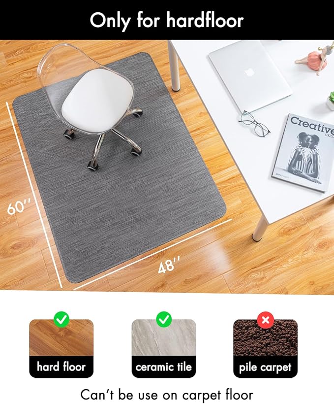 Baroyal Office Chair Mat for Hardwood Floor Under Desk Computer Rolling Chair Mat for Wood/Tile Floor Non-Slip Heavy Duty Desk Rug PVC Plastic Hard Floor Protector 48" x 60" (Gray)
