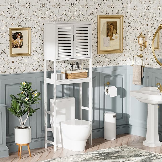 SMIBUY Bathroom Over The Toilet Storage Cabinet, 2 Door Bamboo Cabinet Organizer, Freestanding Space Saver Toilet Rack with Adjustable Inside Shelf and Open Shelf (White)