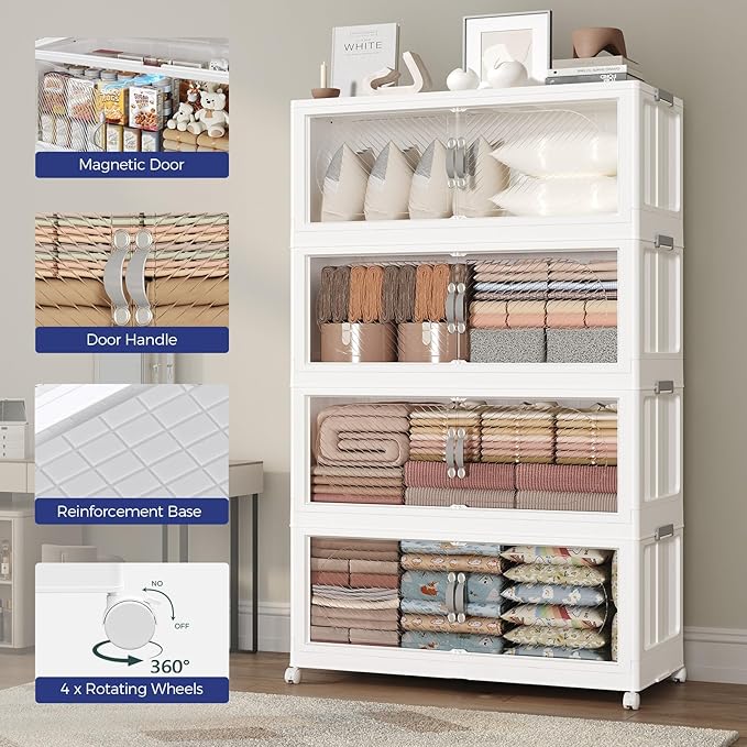 640QT Extra Large Stackable Storage Bins with Lid, 160Gal Plastic Closet Organizers and Storage Drawer, Collapsible Cabinet Box with Wheels Clear Doors for Home Kitchen Office, 4Pack White