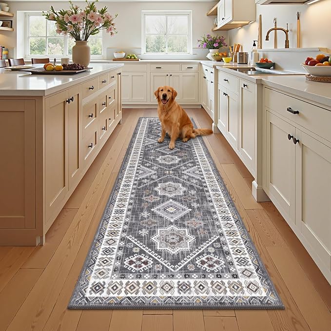 HEBE Washable Kitchen Rugs Runner 24"x120", Non Slip Hallway Runner Rug, Low Pile Entryway Rug Laundry Room Mat Kitchen Carpet Runners for Hallways, Bathroom, Laundry, Bedside Rug