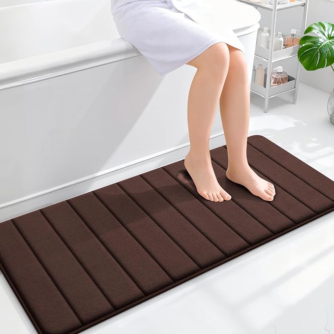 OLANLY Memory Foam Long Bathroom Rugs Runner 47x20, Super Soft Absorbent Bath Mat, Quick Dry, Machine Washable Shower Floor Rugs, Bathmat Carpet, Bathroom Home Decor Accessories, Brown