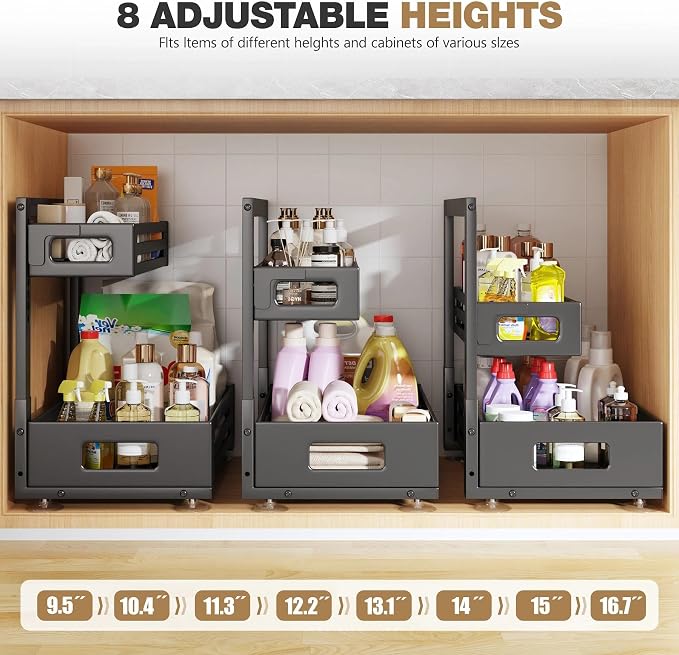 2 Pack 17IN-Depth Under Sink Organizer,Pull Out Cabinet Organizer With Smooth Cylindrical Rail,Metal Slide Out Drawer for Kitchen Bathroom Laundry,8-Level Tool Free Height Adjustable-Gun Gray