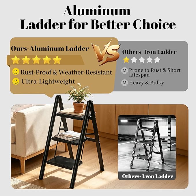 HBTower 3 Step Ladder, Lightweight Aluminum Folding Step Stool, Step Stool Foldable with Wide Anti-Slip Pedal, 330lbs Capacity for Home and Kitchen, Black