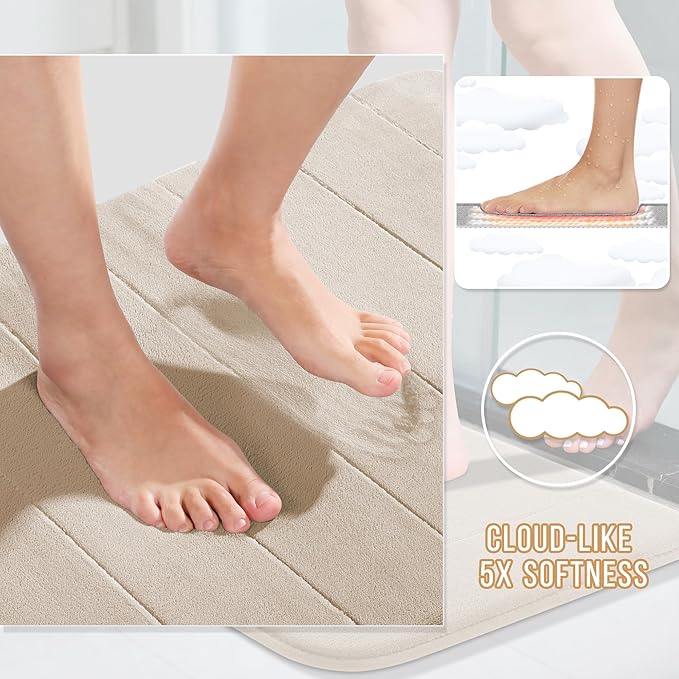 Yimobra Memory Foam Bath Mat Set 2 Piece - Super Soft Absorbent Quick Dry Bathroom Toilet Rugs, Machine Washable Non Slip Floor Carpet for Tub Shower & Single Sink (31.5x20 & 24x20, Beige)