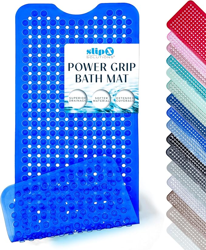 SlipX Solutions Power Grip Bathtub Safety Mat | Precision Grip Technology for Longer, Stronger, & Softer Wet Surface Protection | Clear Blue 39"x16"