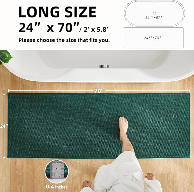 TYUU Bathroom Runner Rugs, Long Bath Mat Runner Washable Thin Quick Dry Low Pile Bathroom Runner Rugs Non Slip, Dark Green 24"x70"