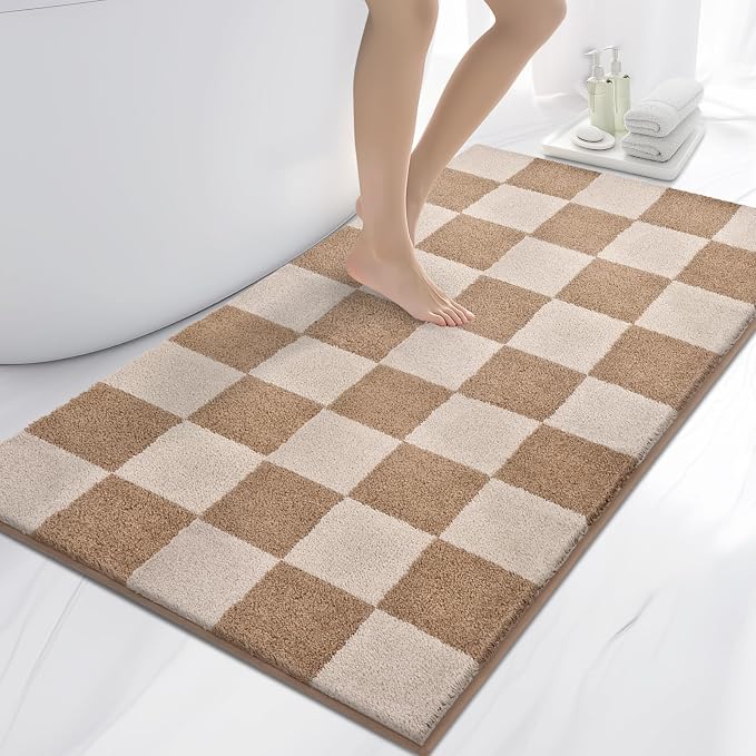 anllugs Bathroom Rugs 30" x 60", Non-Slip Extra Soft Absorbent Bath Rugs, Machine Washable Quick Dry Bath Mats for Bathroom Floor, Shower, Bathtub and Sink, Checkered Beige & Grayish Brown