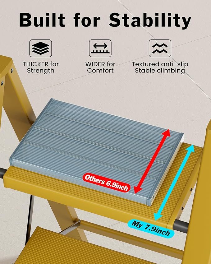 3 Step Ladder, Aluminum Lightweight Folding 3 Step Stool with Anti-Slip Wide Pedal, 330lbs Capacity Ladder for Household,Library,Office(Soft Dusk Yellow)