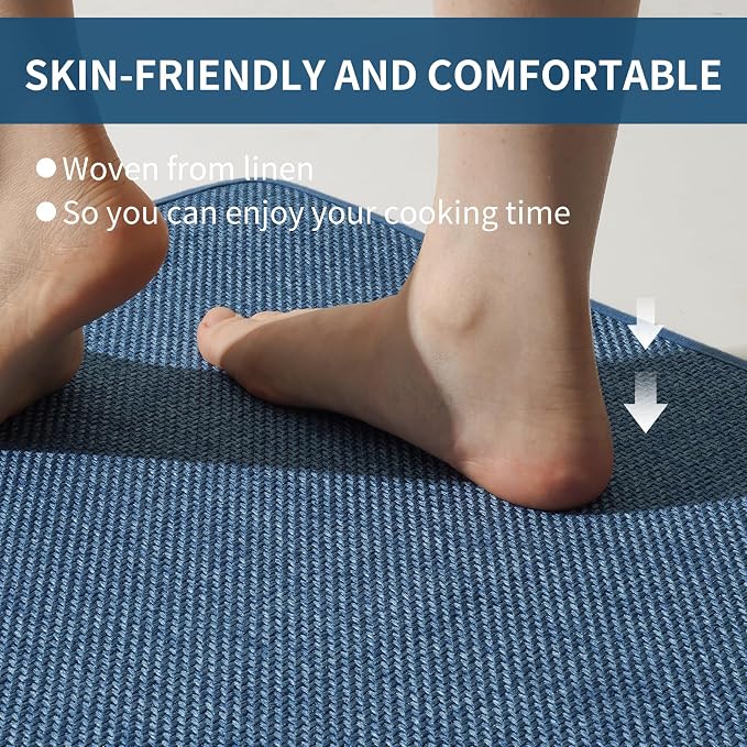 YDKGL Kitchen Mats for Floor, Super Absorbent Kitchen Rugs Non Slip Washable, Soft Imitation Linen Braided Kitchen Runner Rug, Standing Mat Kitchens Sink Mat, Easy to Clean, Blue 17x95