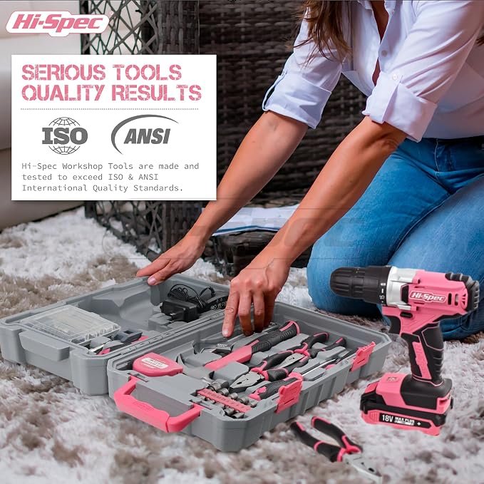 Hi-Spec Cordless Drill Tool Set: Pink Power Drill for Women used for DIY, Building and Fixing Tasks Easy to use All In One Set in Pink Color Stored in a Case 81 Pieces