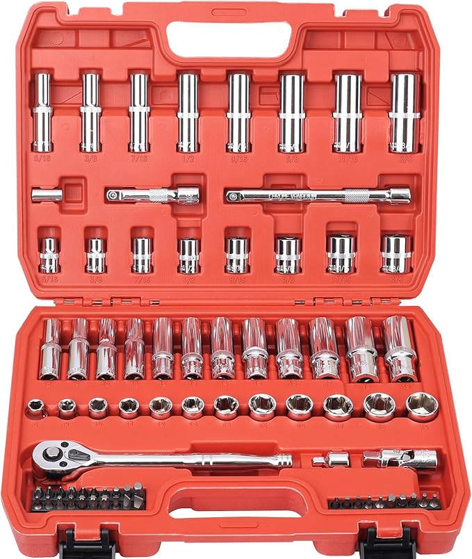 Egofine 3/8" Drive Socket Set, 76 PCS Ratchet Wrenches Set, Standard and Deep Metric (8 to 19mm)/SAE (5/16 to 3/4 inch) Size, with 72-Tooth Ratchet for Auto Repairing and Household, with Storage Case
