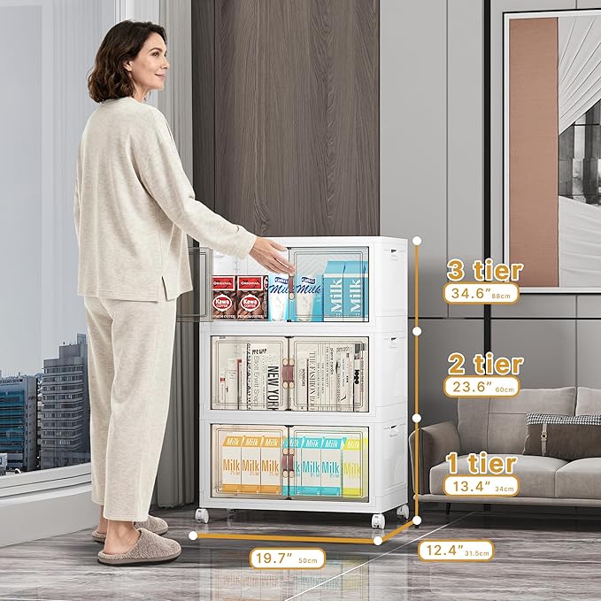 UAMFURI Stackable Storage Bins with Lids, 312QT Closet Organizers and Storage with Doors and Wheels, Extra Large Storage Cabinet, Collapsible Plastic Drawers for Bedroom Dorm Office Garage