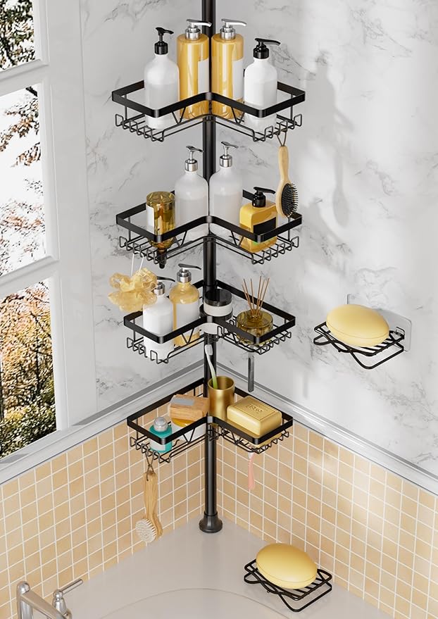 DAOYA Corner Shower Caddy + 2 Soap Holders, 4 Tier Shower Caddy Tension Pole Stainless Steel Black, Extends 25-114.2 Inches, for Bathroom Organizers and Storage, Renter-Friendly and Gift Idea