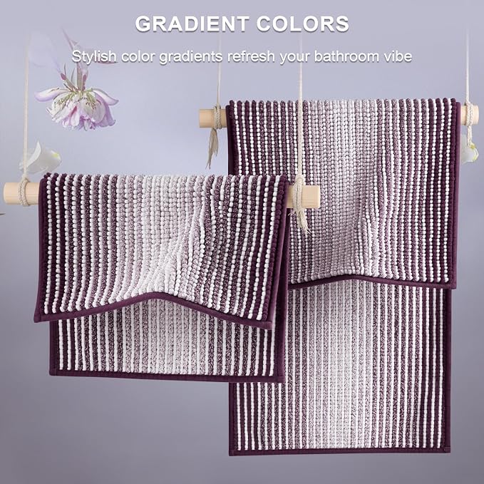 BSICPRO Bathroom Rugs and Mats Sets, 2 Piece Thick Absorbent Chenille Bath Mat Rug Set Non Slip, Soft Shaggy Bath Room Floor Mats for Bathroom, Machine Washable (Mauve Wine, 20" x 60" Plus 20" x 32")