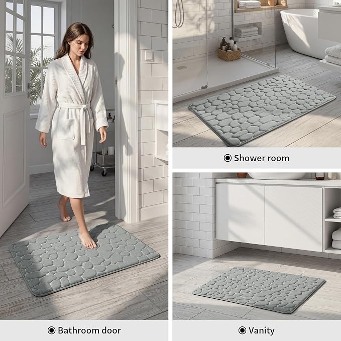 YIHOUSE Memory Foam Runner Rug, Cobblestone Bathroom Runner Rugs Super Water Absorbent Bath Mats for Bathroom Machine Washable Bath Rugs for Hallway Bedroom Laundry Room(26 x 50,Light Gray)