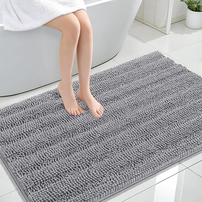 OLANLY Thick Large Bathroom Rugs 47x32, Extra Soft Absorbent Chenille Striped Bath Rugs, Rubber Backing, Machine Wash Dry, Bath Mats for Bathroom Floor, Tub and Shower, Home Decor Accessories, Grey