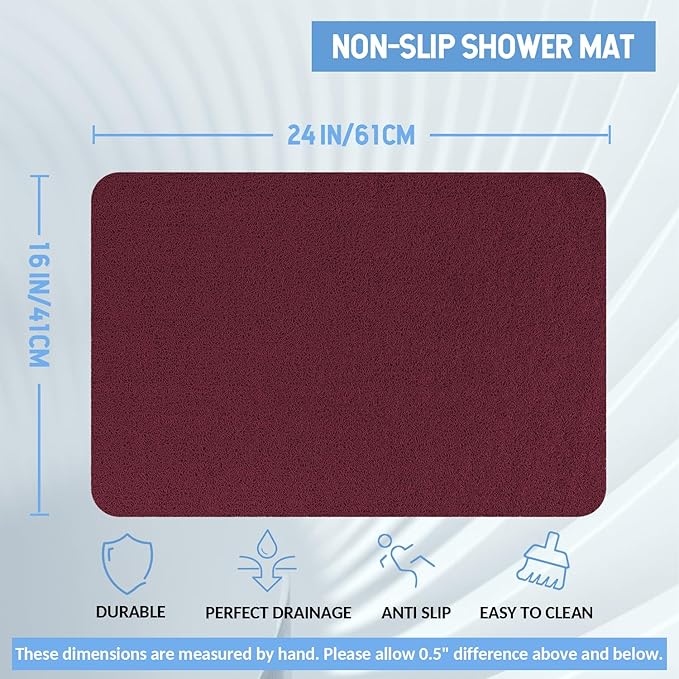 Hargiis Non-Slip Bathtub Mat, 2 Pack Anti Slip Shower Mat, Fast Drying Bathtub Mats, Foot Scrubber Mat, Anti Slip Mat for Tub, Floor, Bathroom, Kitchen, Home, Hotel (Wine Red 24"×16"+24"×16")